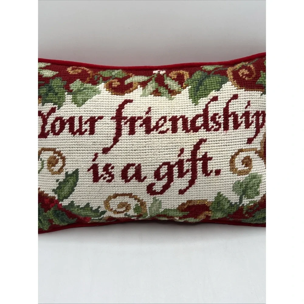 Small Needlepoint Pillow Your Friendship Is A Gift Red Velvet Back 12in x 8in